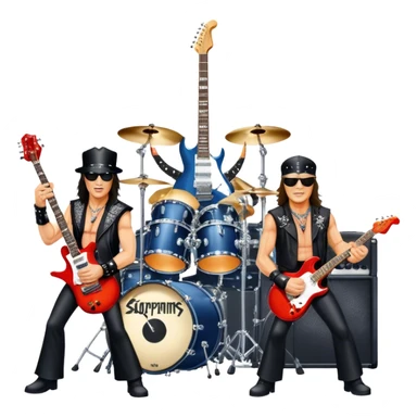 Icon for Rock Music: Scorpions live concert on stage with electric guitars, drums, and a powerful spotlight. Klaus Meine at the microphone, Rudolf Schenker and Matthias Jabs playing guitars, dynamic stage presence, and electric energy. Transparent background. sticker
