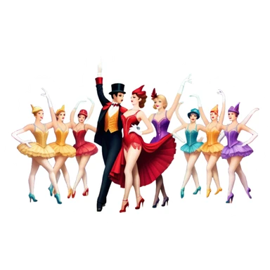 A vintage movie poster-style design inspired by Moulin Rouge. Include glamorous cabaret dancers in extravagant costumes, a colorful stage, sparkling lights, and a sense of drama. The atmosphere should be vibrant, with musical notes in the air. Retro cinematic style. Transparent background. sticker