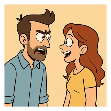 man and woman facing each other, animated expressions, bold colors, flat-toon style sticker