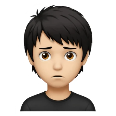 Boy, light brown skin, black hair, short long, emo, shaggy, creepy expression sticker