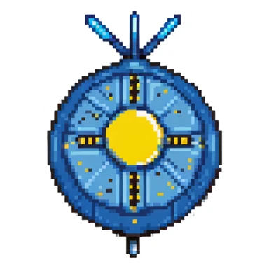 Blue digital bomb with blue antenna-like fuse at the top, round black bomb body with blue accents, pixel art style sticker
