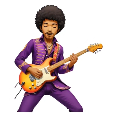 Icon for Rock Music: Jimi Hendrix playing his iconic guitar on stage, surrounded by his band. The design should capture the electrifying energy of his performance with vibrant lighting, swirling colors, and musical intensity. Transparent background. sticker