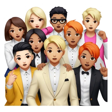 Cinematic Realistic BTS Portrait Emoji, depicted as a dynamic energetic portrayal of the global K-pop group with stylish modern attire and vibrant expressions, rendered with rich textures and bold contemporary lighting that captures their youthful charisma. sticker