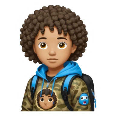 blasian teenager with curly hair, and bape x sprayground hoodie and sprayground backpack sticker