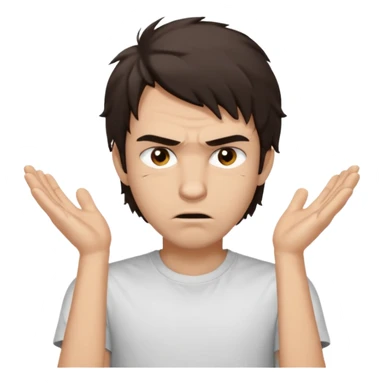 A young man with the appearance of dark brown hair of medium length, uncombed, covering the forehead and ears. • Large brown eyes with a slightly angry look. • Light skin, full lips, neutral facial expression. • Dressed in a light T-shirt (white) with the inscription UNTERWENS sticker