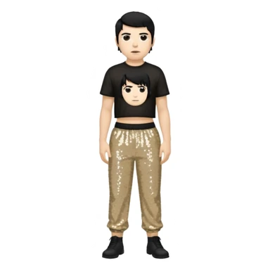 Chino Moreno with black hair, black sequin crop top, beige sequin baggy pants sticker
