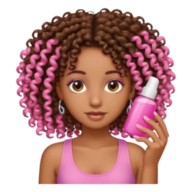 Uma menina com o cabelo cacheado é morena, e com uma regata rosa com unha em gel, é com Baby hair.  sticker