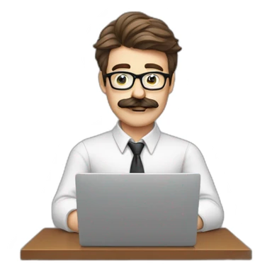 a nerd guy typing infront of laptop with moustache sticker