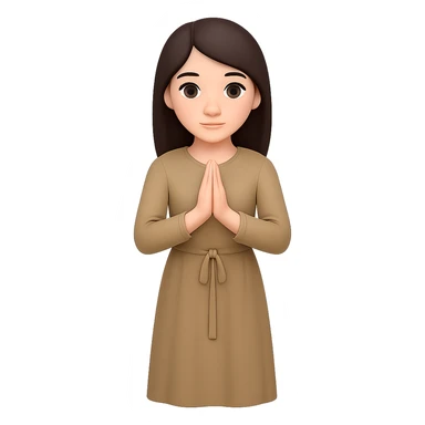 Show the woman standing and praying from the front view, wearing a long tan dress, with dark brown hair, in emoji style. Remove the background. sticker