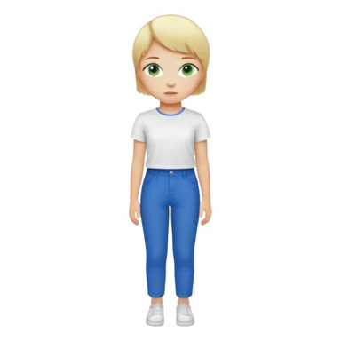 Short girl, green eyes, blond and short hair with blue pants and whit tshirt sticker
