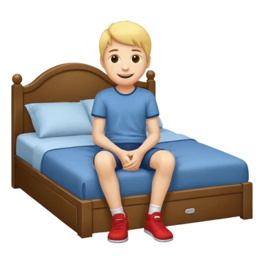 emoji- of a smiley boy sitting at the edge of the bed with legs on the floor sticker