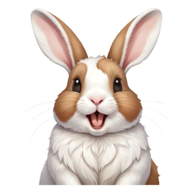 Cinematic Cute Yawning White and Brown Rabbit Portrait Emoji, Head tilted slightly with a dramatic, wide-open yawn, showcasing a soft, patterned fur with crisp white and warm brown patches, floppy ears slightly drooping, round eyes barely open in drowsy contentment, Simplified yet irresistibly adorable features, highly detailed, glowing with a soft, cozy glow, high shine, relaxed yet expressive, stylized with a touch of whimsy, bright and endearing, soft glowing outline, capturing the essence of a sleepy yet affectionate bunny, so drowsy it feels like it could stretch out of the screen and curl up for a nap! sticker