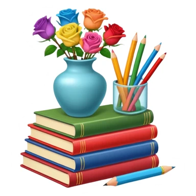 Five colorful books are stacked, along with a pencil holder full of crayons and a vase full of roses. The illustration style is cartoon. sticker