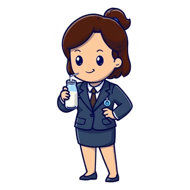 Mom with brown hair in business suit drinking milk and holding a vaccine syringe sticker