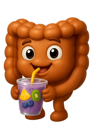 EMOJI STILE IPHONE DI un intestino umano anatomico che beve un frullato di mirtilli, ananas, kiwi, fagli anche la parte bianca degli occhi, non solo le pupille, REALISTICo 4K sticker