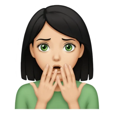 A realistic half-length portrait of a frightened woman with hands to her mouth, black hair and green eyes sticker