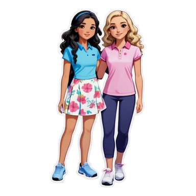 Three girls: one Chinese girl with golf clothes on, one Asian girl with workout pants and wavy mid lengthblack hair, and one American girl with long curly dirty blond hair and a floral dress on. All three are teens. They are all friends sticker