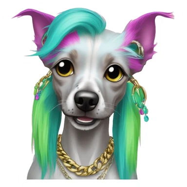 Punk Chinese crested dog neon rainbow cyan green pink hair gold chain punk piercings tattoos punk ear piercings sticker
