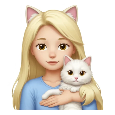 a girl with long blonde hair and a white fluffy cat lying on her left shoulder and neck, emoji style, suitable for Discord and Slack sharing sticker