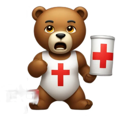 Angry bear holding red cross sticker