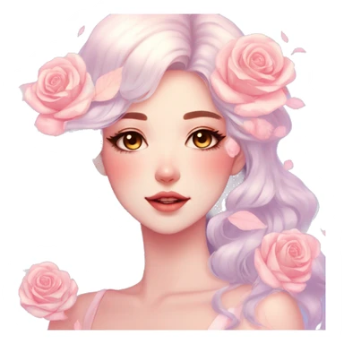 Gorgeous pastel shiny pearly colorful anime style lady with blushing face and roses leaves shiny aesthetic trending style sticker
