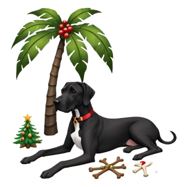 Black (no white) cropped Great Dane laying on a tropical beach with a Christmas tree and dog bones under the tree sticker