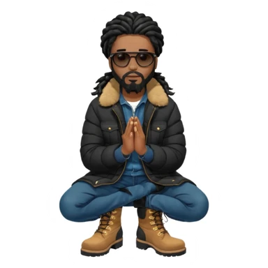 African American man with shoulder length black dreadlocks with black beard wearing black sunglasses wearing a black bubble winter coat wearing denim skinny jeans and timberland boots kneeling in prayer sticker