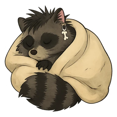a punk goth trash baby raccoon cuddled up tucked in for a cozy nap sticker