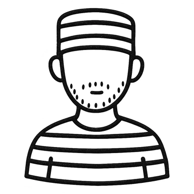 male prisoner wearing striped prison uniform, hand drawn outline icon style, no background sticker
