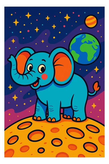 an elephant standing on the moon, vibrant cartoon style sticker
