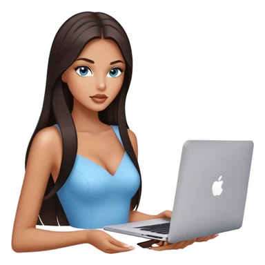 Glamours tanned very beautiful girl with pump natural peach lips and dark chocolate straight smooth long hair, blue-grey eyes with MacBook sticker