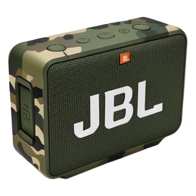 Minimalist JBL Go 4 portable speaker with military camouflage pattern, simple clean design, rectangular shape, subtle JBL logo sticker