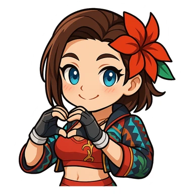 Azucena from Tekken 8 in chibi sticker style, making a heart shape with her hands and a cute expression, wearing the detailed red and patterned outfit from the reference images, designed for Twitch emote use. sticker