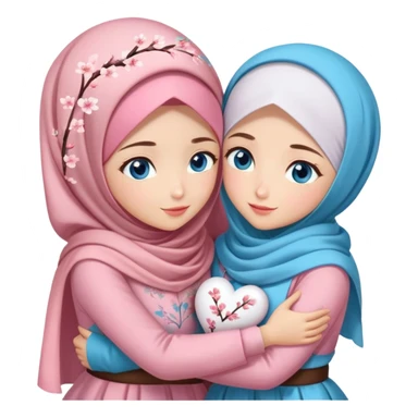 Two sister hugs Turkish girls beautiful finish Konya blue eyes with cherry blossom hijab and heart dress and hugs  sticker