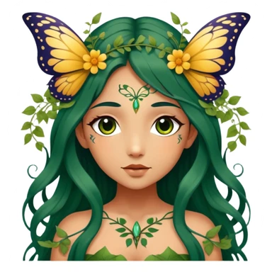 Cinematic Realistic Forest Fairy Portrait, depicted with lifelike, sun-kissed tanned skin that radiates an earthy glow, softly illuminated by natural, dappled light. Her long, flowing dark green hair is intricately detailed and interwoven with delicate vines and wildflowers, while her deep, soulful eyes mirror the wisdom of the forest. Dressed in an attire inspired by nature’s palette—with subtle botanical motifs—the portrait exudes a soft, enchanted glow that melds realism with woodland magic showing her large butterfly wings from her back. sticker