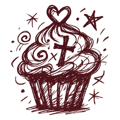Gothic cupcake in chaotic doodle style with burgundy color, no background. sticker