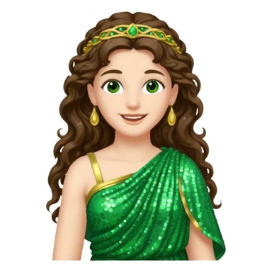 Juno, Goddess of Marriage from Roman Deities with long brunette wavy hair, green sequin toga sticker