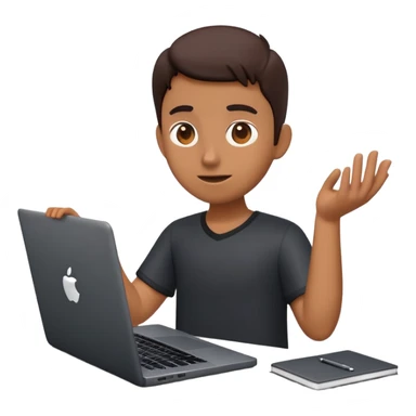 A dark-colored laptop with the screen open. From the screen, a person is emerging, standing or sitting as if giving a lecture or teaching. The person should look expressive and in a teaching pose. Soft shadows, semi-3D Apple emoji style, clean white background. sticker
