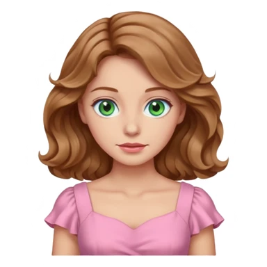 A woman has beige skin, wavy light brown hair, green-blu eyes, she wears pink dress  sticker