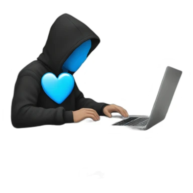 a white man wearing a black hoodie facing a laptop screen with a blue heart on it sticker