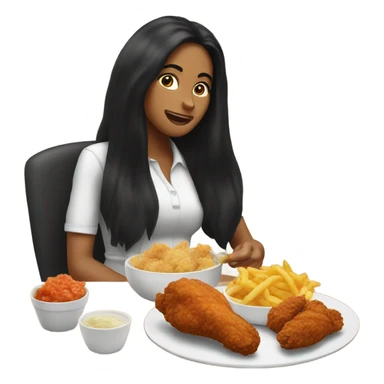 Woman with long black hair eating fried chicken sticker