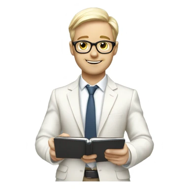 a white-skinned networking and personal brand consultant with a notebook in his hands sticker