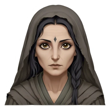 Mirri Maz Duur is a weathered, age 45 Lhazareen woman with deep-set dark eyes, high cheekbones, and a sharp nose, giving her a stern, knowing expression. Her long, unkempt dark hair streaked with gray falls loosely over her shoulders, and her earth-toned, tattered robes mark her as a humble healer. Despite her frail appearance, she exudes an aura of mystery and menace, her hands stained with herbs and blood from both healing and dark sorcery. sticker