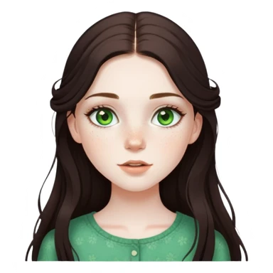 pretty girl with pale skin, freckles, green eyes, long lashes, dark brown long hair in summer styled outfit sticker