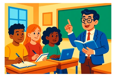 group of four students with notebook and laptop, listening to a professor, studious atmosphere, colorful cartoon style sticker