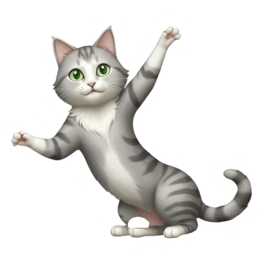 grey and white cat with green eyes doing a big extremely long stretch reaching up into the air with arms and legs side by side together straight and overextended whilst lying on its side sticker
