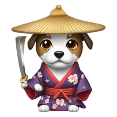 dog with a Japanese hat and a kimono holding a katana sticker