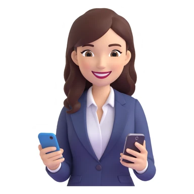 3D style, businesswoman standing, smiling while using her smartphone, modern office look sticker