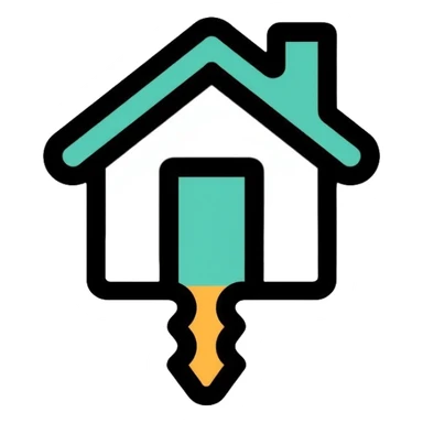 Key with a small house symbol, housing access concept for homelessness support logo sticker