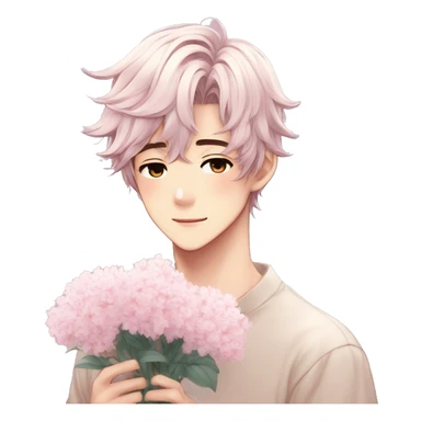 Gorgeous pastel anime style shojo guy with blushing face and flowers aesthetic trending style outside sticker